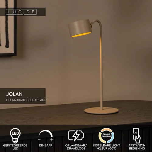 Lucide JOLAN - Oplaadbare Bureaulamp/Klemlamp/Wandlamp - Accu/Batterij - LED Dim to warm - 1x3,5W 2700K/5700K - Taupe - USP